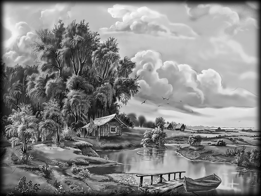 Пейзаж № 30: Деревья и река.