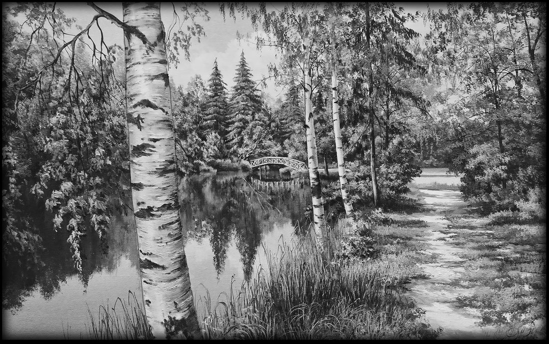 Пейзаж № 36: Хвойный лес и река.